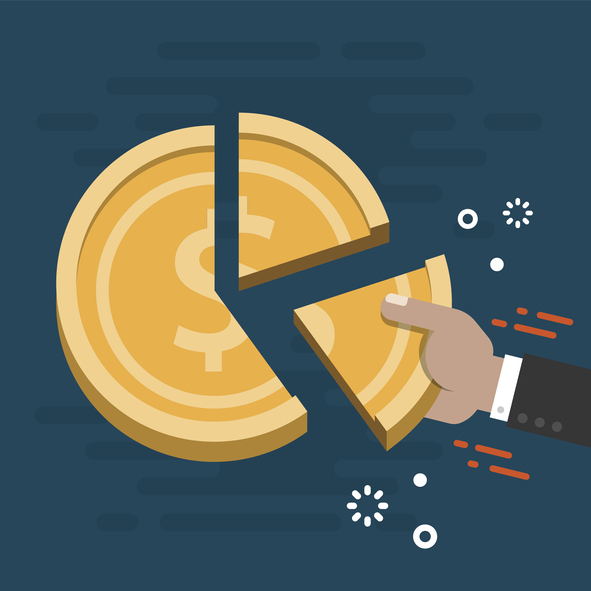 coin representing the stock market and a hand taking a piece of the market share