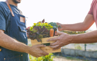 Local farmer talks with customer at farmers' market