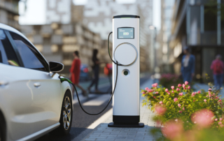 An electric vehicle at a charging station in the city. All items in the scene are 3D, charging station and concept cars are not based on any real ones.
