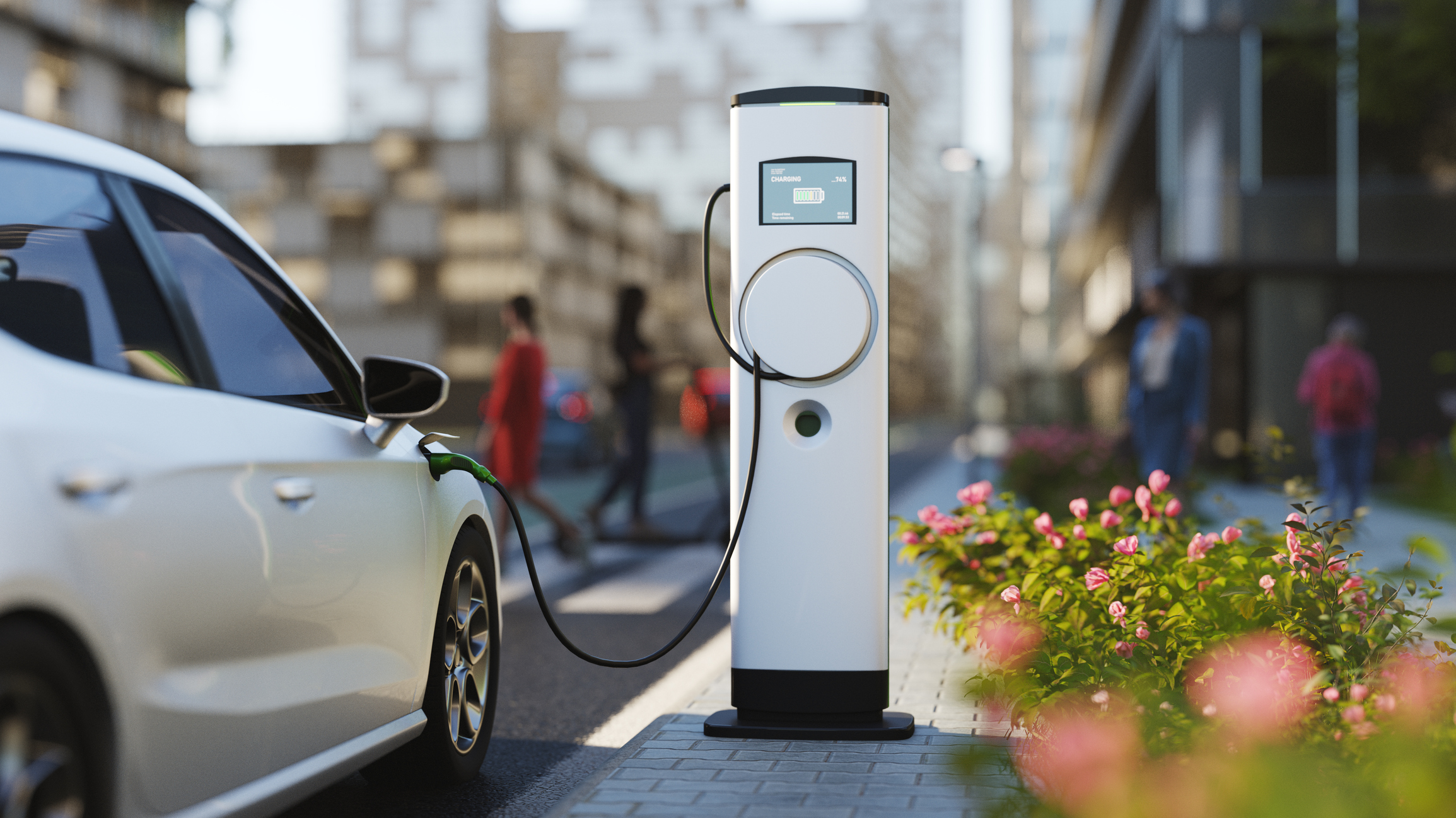 An electric vehicle at a charging station in the city. All items in the scene are 3D, charging station and concept cars are not based on any real ones.